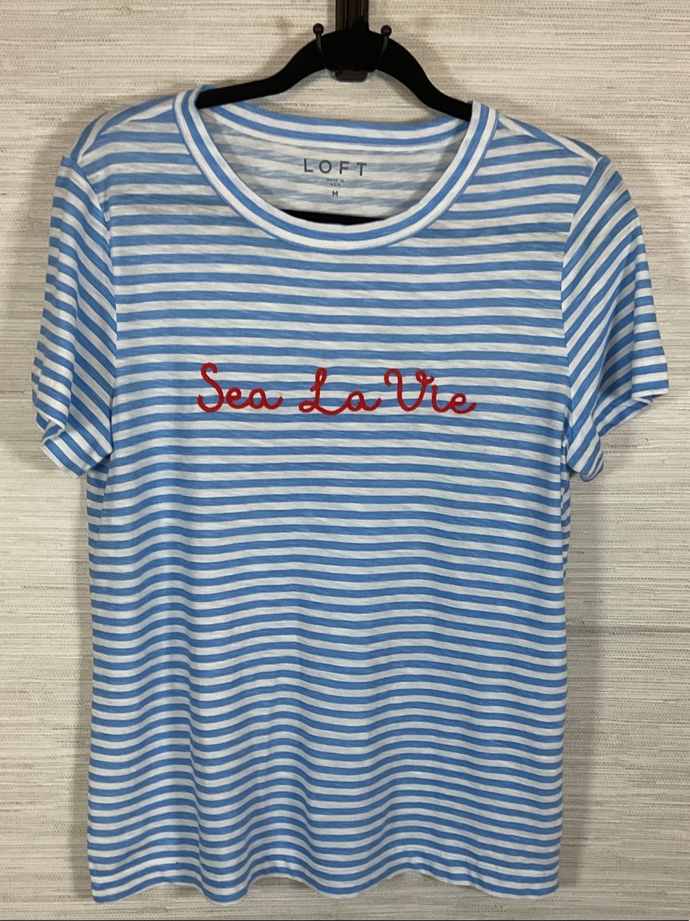LOFT Sea La Vie Embroided Blue White Striped Lightweight Cotton Slub Tee Medium